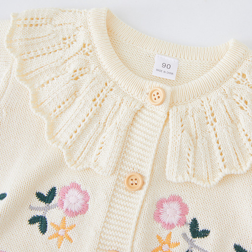 2024 Korean version spring and autumn lapel knitted cardigan for children and middle-aged children with embroidery and embroidery children's sweater jacket wholesale