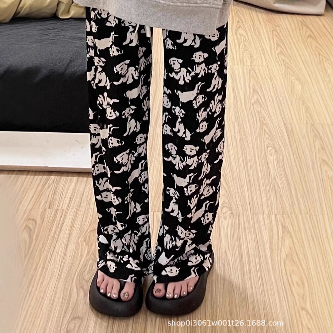 2025 nuevo estilo de seda de hielo lindo cachorro pantalones casuales de pierna ancha pijama primavera y verano transpirable estilo fino simple y versátil ins