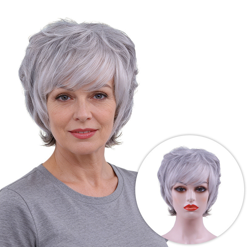 Elegant Elderly Style Short Curly Wig with Side Bangs for Women, Gray and White Grandma Gray Color for Daily Use/Cosplay, Full Head Wig for Cross-Border E-Commerce Elegant Elderly Style Short Curly Wig with Side Bangs for Women, Gray and White Grandma Gray Color for Daily Use/Cosplay, Full Head Wig for Cross-Border E-Commerce