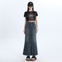 2024春装新款蓝色复古牛仔半身裙女高腰直筒开叉长裙JEANS SKIRTS