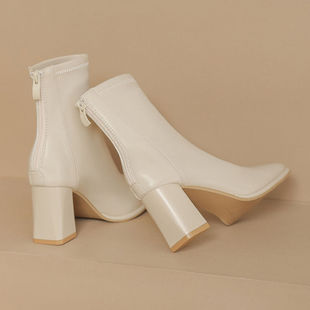 Short Boots 2025 Autumn and Winter New Style Women's Slim Boots Chunky Heel Square Toe High Heels Fashionable Fleece-Lined French Martin Boots
