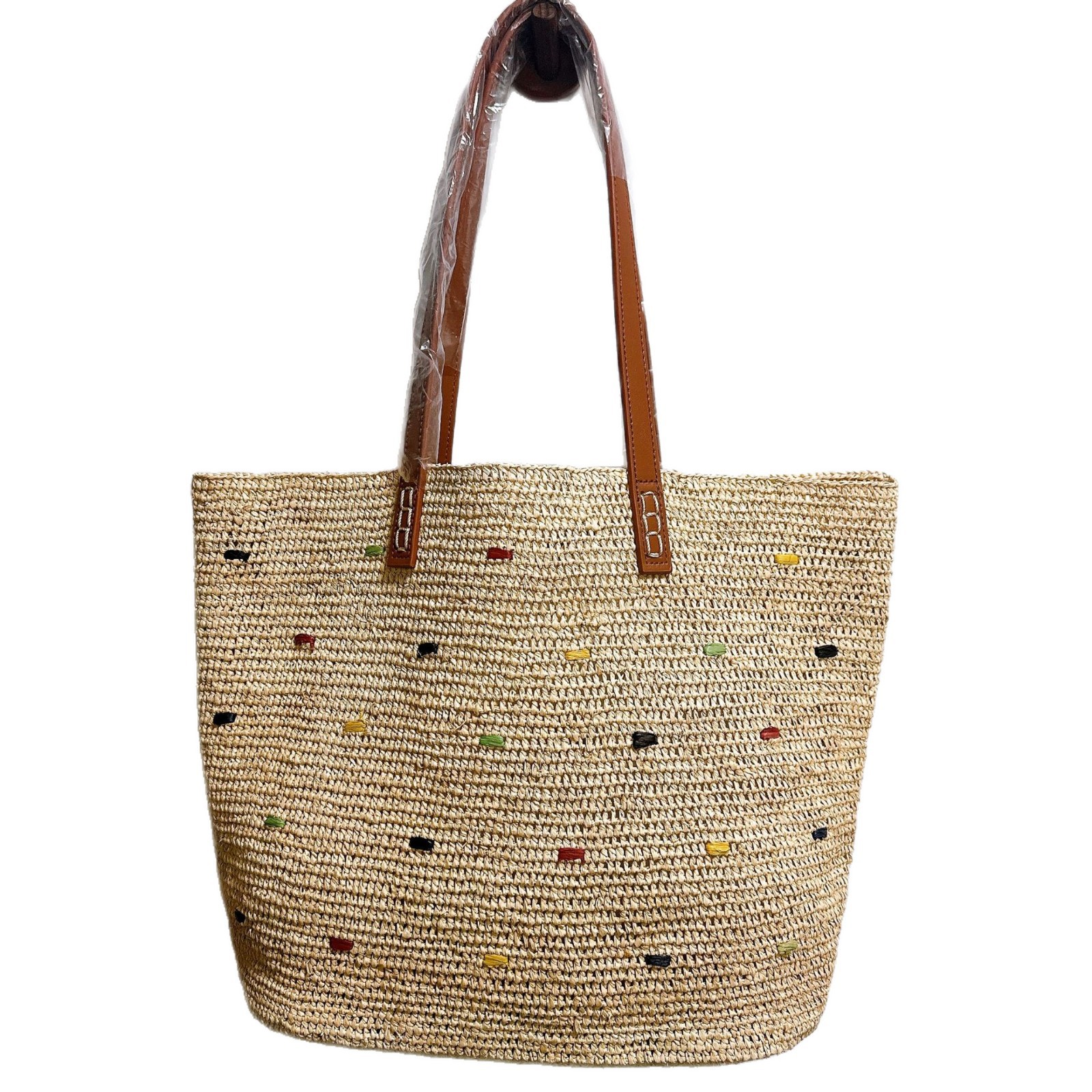 Japanese Style Hand-Crocheted Raffia Spliced Genuine Leather Strap Woven Bag For Women, Beach Vacation Embroidered Tote Shoulder Bag - Thumbnail 5