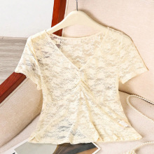 跨境ebay独立站外贸女装2025夏季欧美风性感蕾丝衫短袖沙滩上衣女