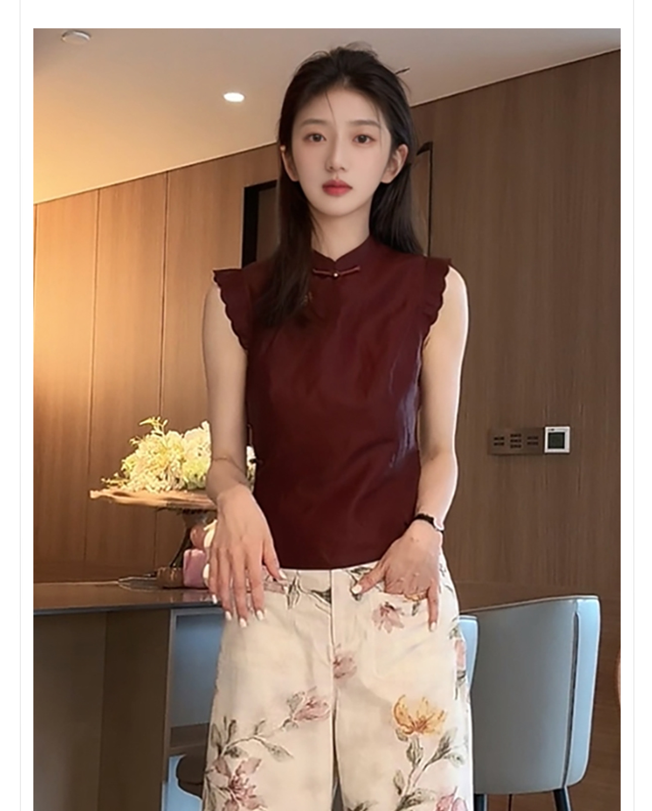 Áo vest không tay cổ đứng cài cúc lụa tơ tằm phong cách Trung Hoa mùa hè — Màu đỏ rượu chi tiết 2