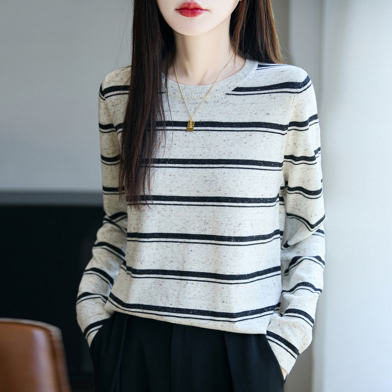 2025 New Autumn and Winter Linen Wool Round Neck Knitted Long-Sleeved Women's Color-Blocked Stripesd Yarn Bottoming Shirt Top