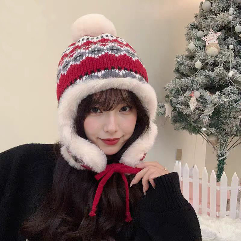 冬季氛围感保暖毛绒帽子女加绒加厚护耳骑行针织毛线帽骑车雷锋帽|undefined