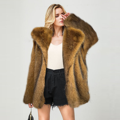 Brown Silver Fashion faux fur mid-length Lapel Collar Coat for Women Girls Western-style warm faux fur Jackets for Female