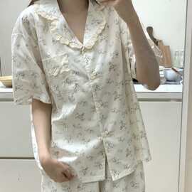 韩国ins女士夏季韩系碎花宽松大码睡衣蕾丝花边翻领家居服套装女