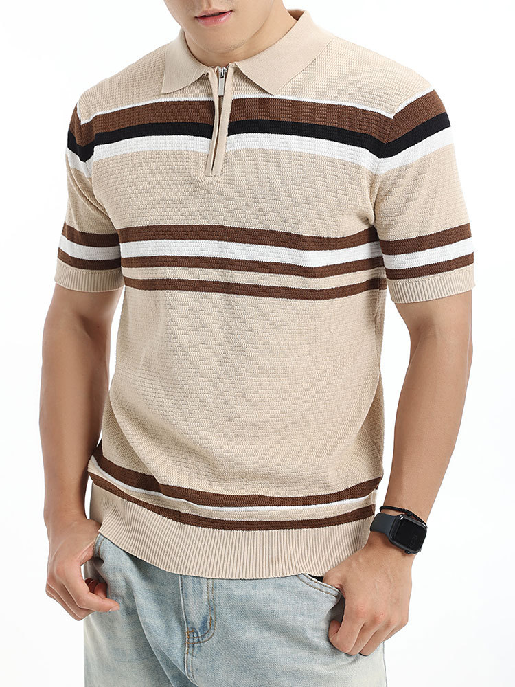 Europa y Estados Unidos polo transfronterizo ligero comercial casual a rayas con solapa papá verano camisa de punto de manga corta polo hombre