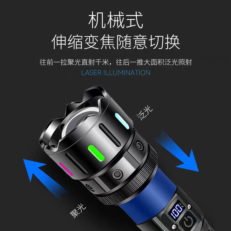 Lintera de luz al aire libre transfronteriza recargable telescópica zoom digital láser blanco tira fluorescente antorcha de luz