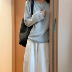MISSMAM 韩系慵懒风设计感蓝色长袖T恤女秋季宽松休闲百搭打底衫
