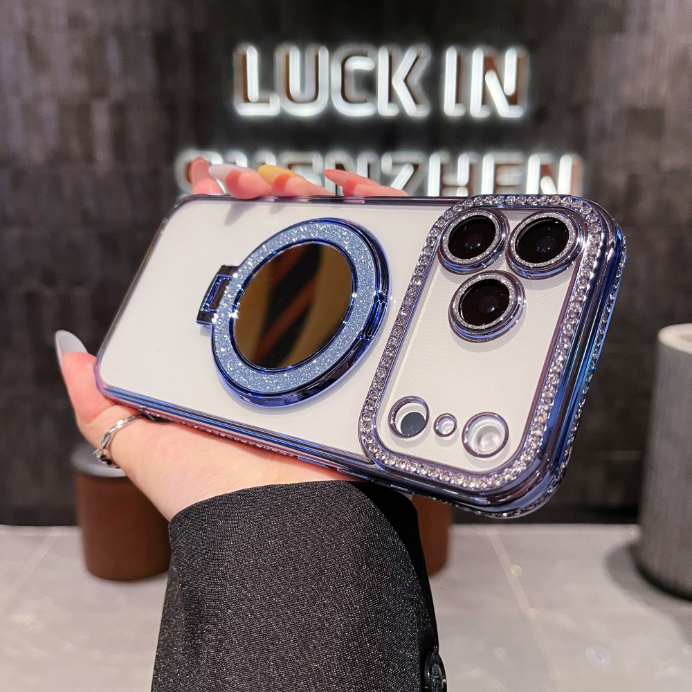 Square Diamond + Glitter Ring Mirror Stand Suitable 17 Pro Max Phone Case, New Model For IPhone 16/15/14_voghion.com