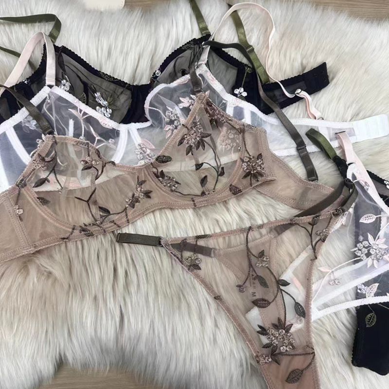 Summer New Foreign Trade Women's Underwear Big Chest Small Ultra-thin Sexy Perspective Mesh Embroidered Bra suit French Style