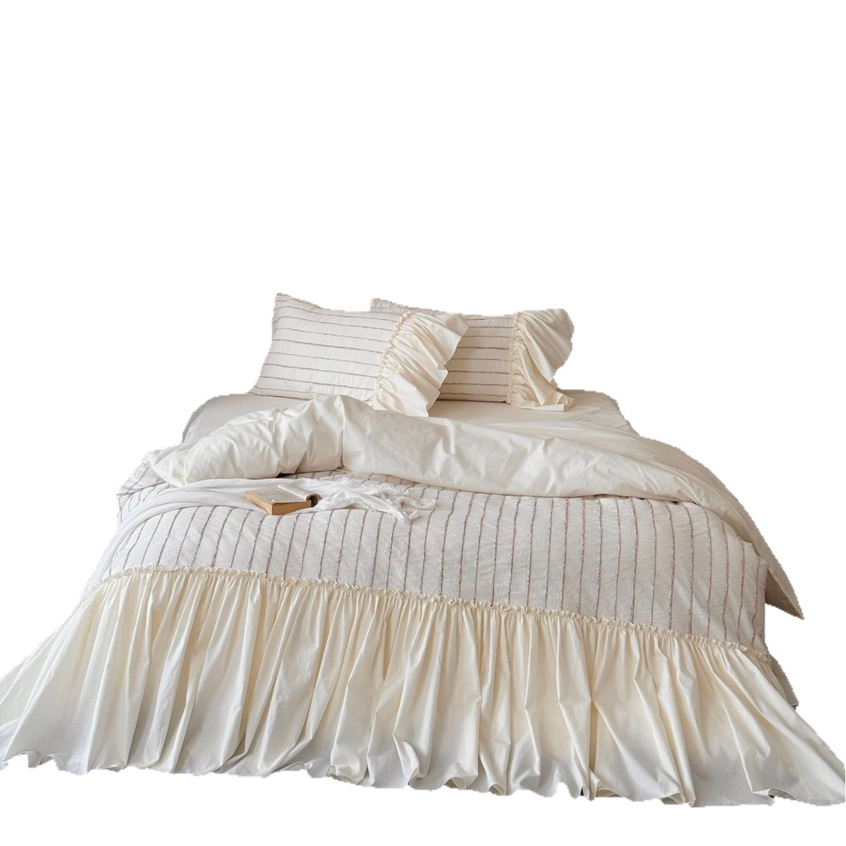 Set lenzuola 4 pezzi con volant in cotone lavato a righe_voghion.com