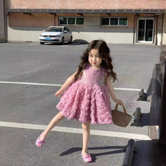 女童輕奢公主禮服重工立體玫瑰花亮片背心連衣裙生日表演服蓬蓬裙