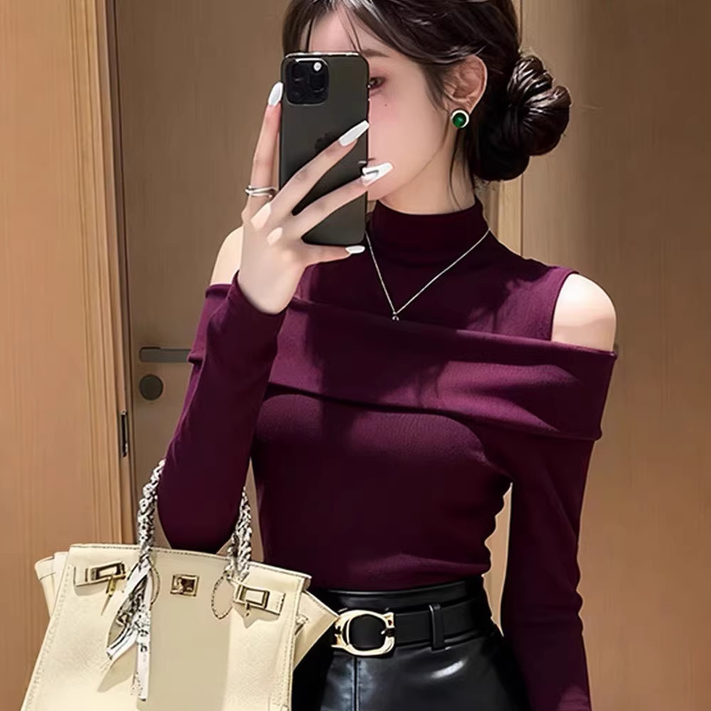 Áo len cổ lọ nữ thiết kế hở vai phong cách quý tộc — Rượu vang đỏ