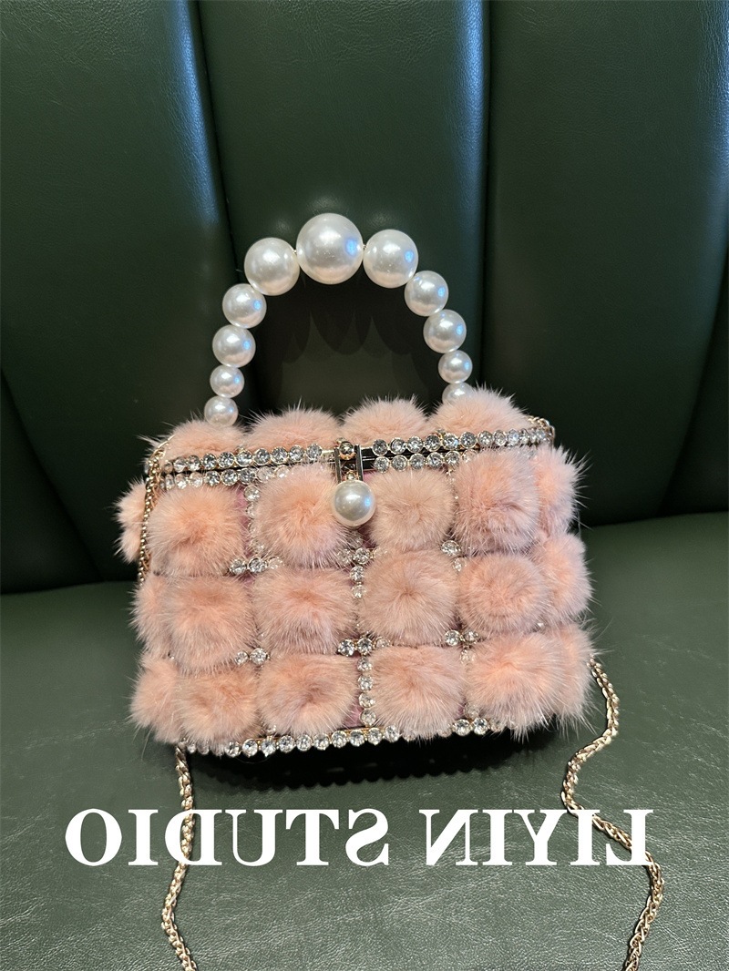 Cross-Border Metal Pearl Mink Faux Fur Bucket Bag, Sparkling Rhinestone Birdcage Handbag And Crossbody Bag For Banquets - Thumbnail 2