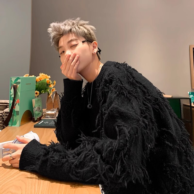 Pure Black Tassel Destroyed Knitwear Men's Lazy Style American Round Neck Knitwear Jacket Oversize