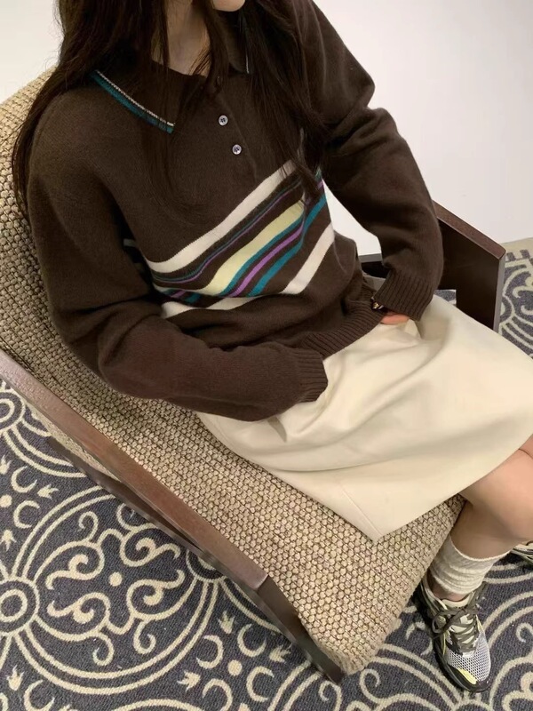 韩系polo领条纹长袖针织衫上衣女秋季新款宽松软糯慵懒风百搭毛衣|undefined