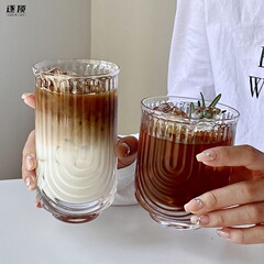 小眾條紋形玻璃杯 冰美式拿鐵咖啡杯果汁杯飲料杯子家用水杯