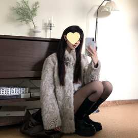 大衣中长款染尖蝴蝶结外套女冬立领皮毛一体毛毛加厚毛毛宽松气质