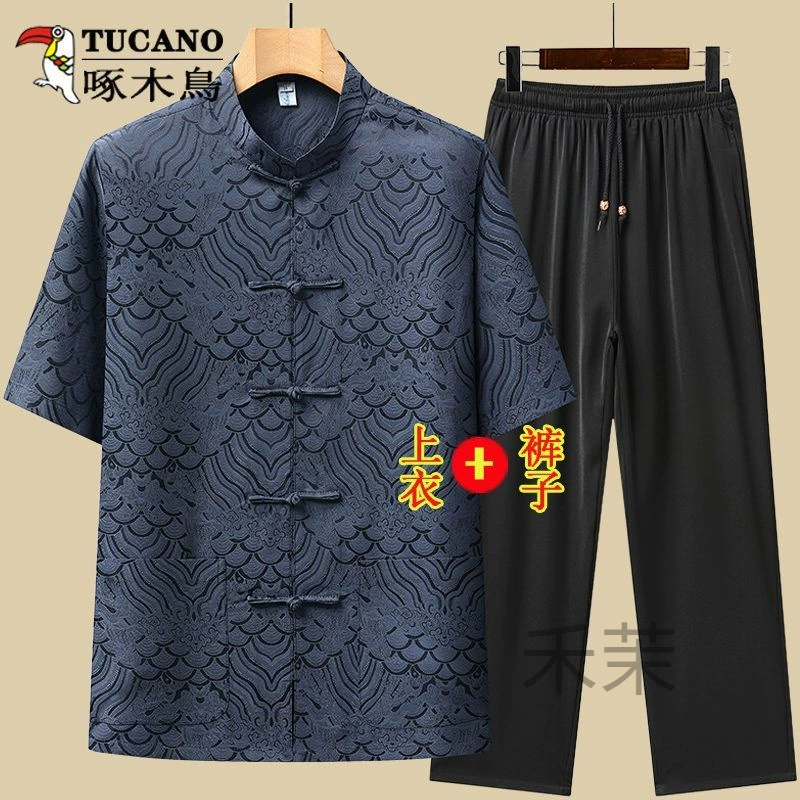 Китайский костюм с короткими рукавами для среднего и пожилого возраста Woodpecker, летний костюм Тан из шелкового шелка, повседневные топы из двух предметов для дедушки и папы