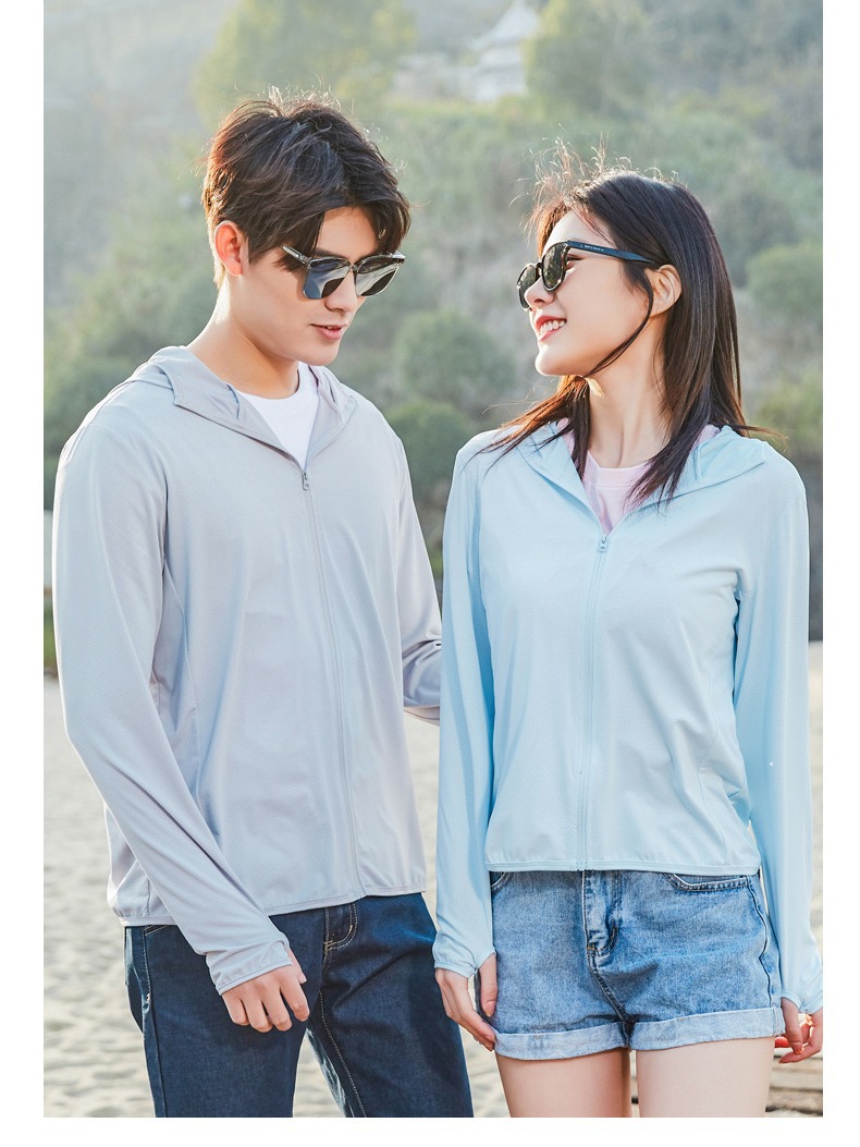 여름 얇은 느슨한 통기성 야외 탄성 태양 보호 의류 남녀 스포츠 커플 스킨 의류 후드 솔리드 컬러 재킷