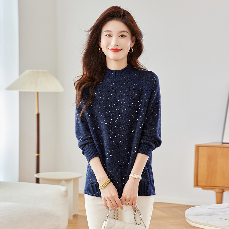 양모 중간 길이의 하프 터틀넥 스웨터 2024 가을과 겨울 새로운 레이드 백 느슨한 중간 길이의 니트 베이스 탑