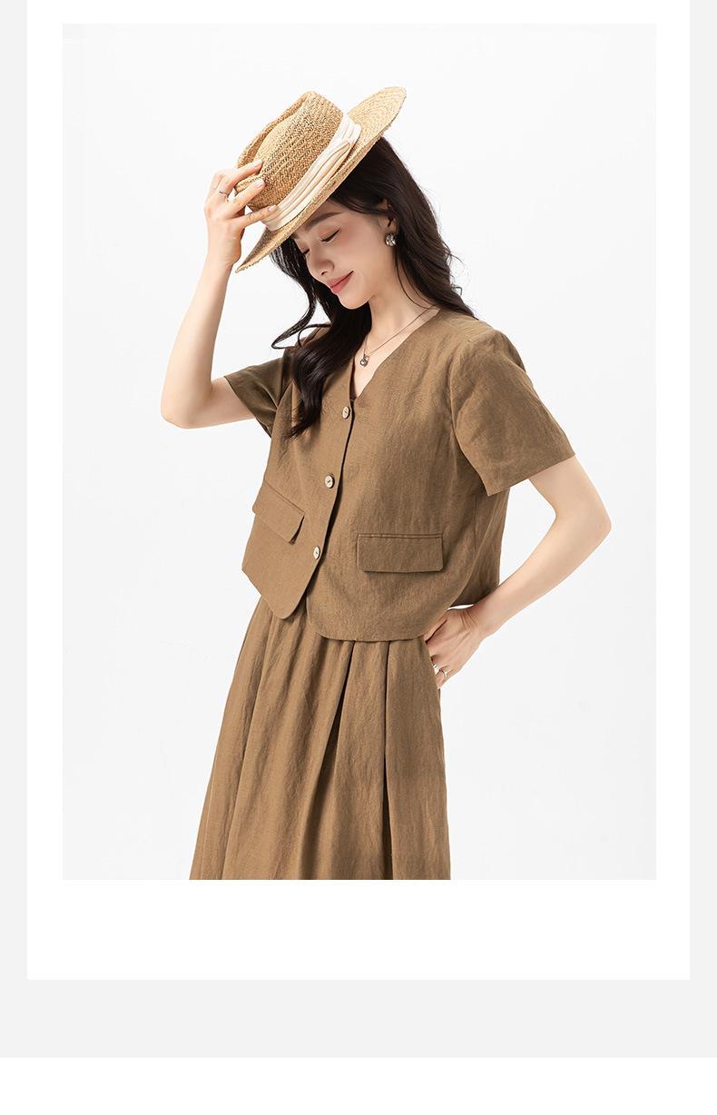 Bộ suit linen nữ áo vest ngắn tay kết hợp chân váy cao eo — Áo gi lê - 65427 kaki chi tiết 7