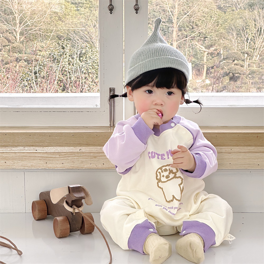 Primavera nuevo estilo bebé mono recién nacido dibujos animados casual cuello redondo mameluco de manga larga ropa de casa ropa de escalada