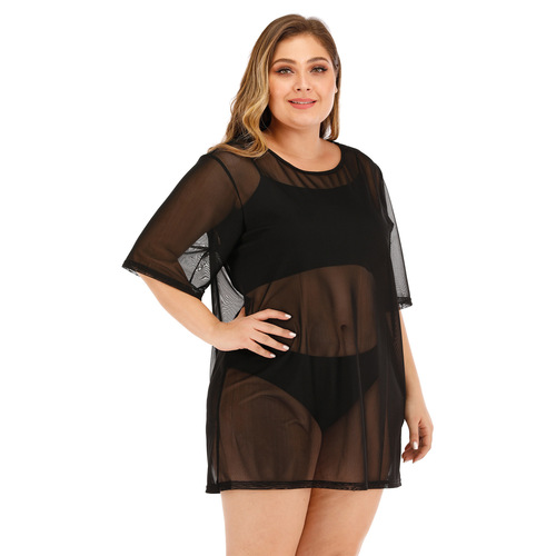 European and American Plus Size Women's Sexy See-Through Mesh Beach Dress Bikini Cover-up Dress F1420