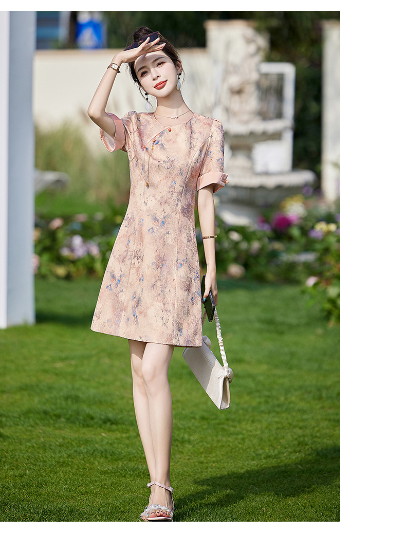 Váy sườn xám cải tiến phong cách Trung Quốc mới, thiết kế chữ A thanh lịch, mùa hè — Màu hồng, Màu xanh lá chi tiết 23