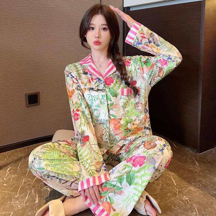 Luz de lujo estilo Chanel pijamas de las mujeres de terciopelo dorado solapa cardigan Otoño e Invierno de manga larga pantalones dulce casual traje de desgaste para el hogar