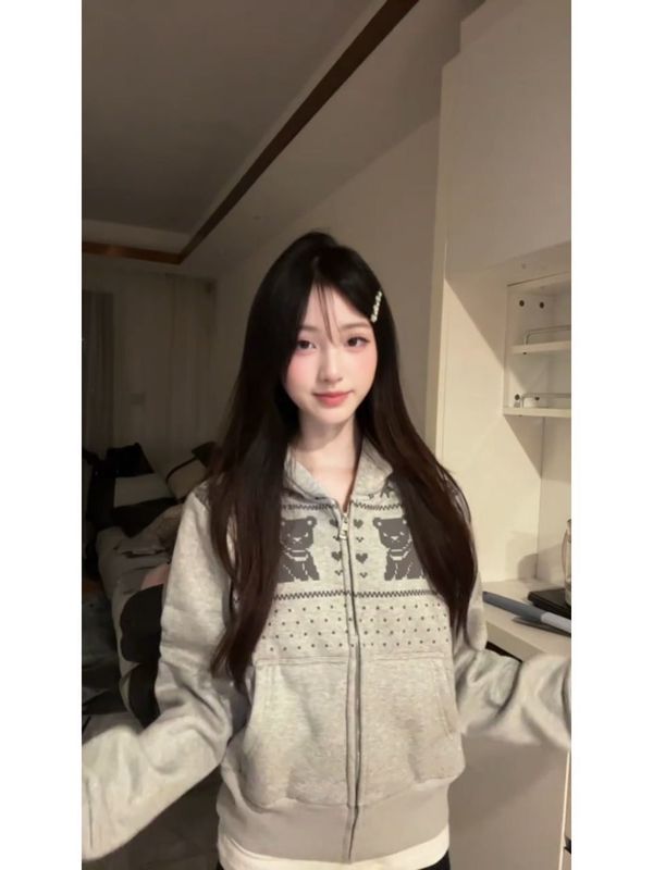 新款美式街头开衫连帽卫衣女秋季宽松百搭拉链帽衫慵懒风外套上衣|undefined