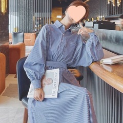 蓝色条纹长袖衬衫连衣裙女中长款2025新款法式设计感修身裙子6615