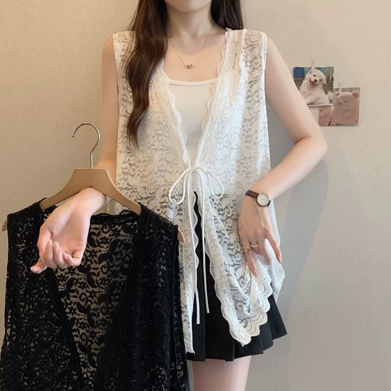150kg Extra Large Size Thin Sleeveless Lace Vest for Women, Loose Layered Mid-Length Vest Cardigan Top