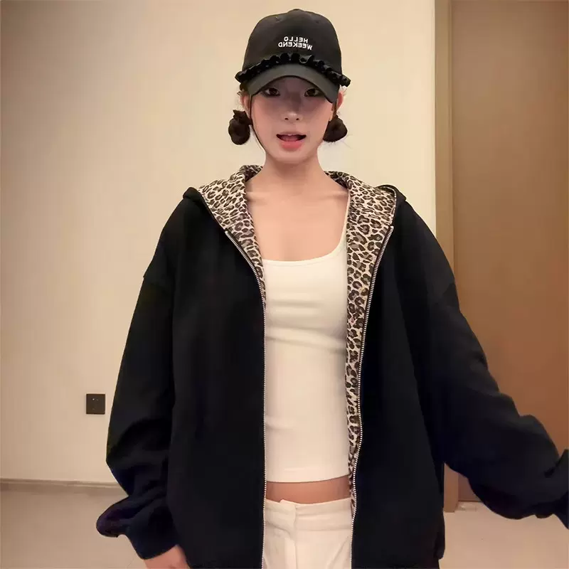 美式复古连帽卫衣外套女2025秋季豹纹拼接开衫宽松情侣拉链上衣潮