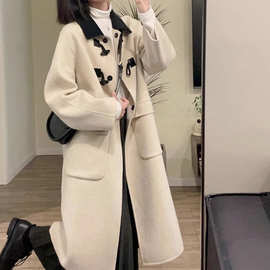 牛角扣呢子大衣女中长款2024新款秋冬季韩系宽松羊毛呢外套