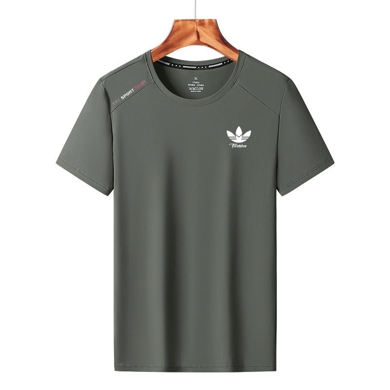 Summer Clover Ice Silk Short-Sleeved Men's Quick-Drying Breathable Sports T-Shirt Loose Fitness Thin Solid Color Round Neck Top