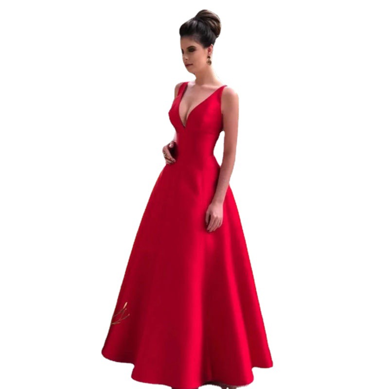 Comercio exterior europeo y americano Amazon AliExpress deseo de las mujeres vestido de noche con cuello en V Vestido de satén largo simple