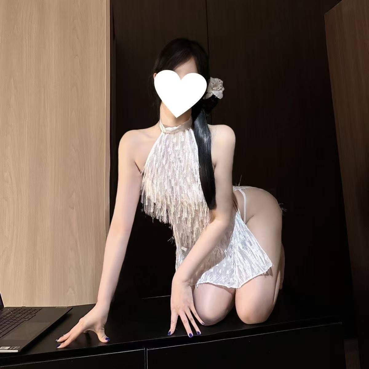 Glittering Gradient Crystal Tassel Lingerie Dress Set with White Bodystocking — detail image 2