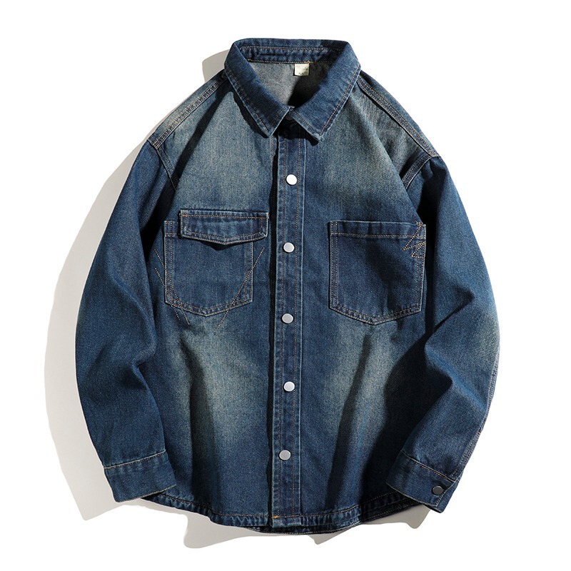 American Retro Long-Sleeve Denim Shirt for Men, Spring Trendy Brand, Stylish Loose Pocket Patchwork Work Jacket