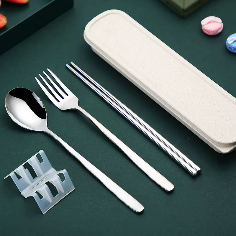 Spoon, chopsticks, fork, set stainless steel, handheld Korean tableware for elementary school students, storage system, 3 piece set