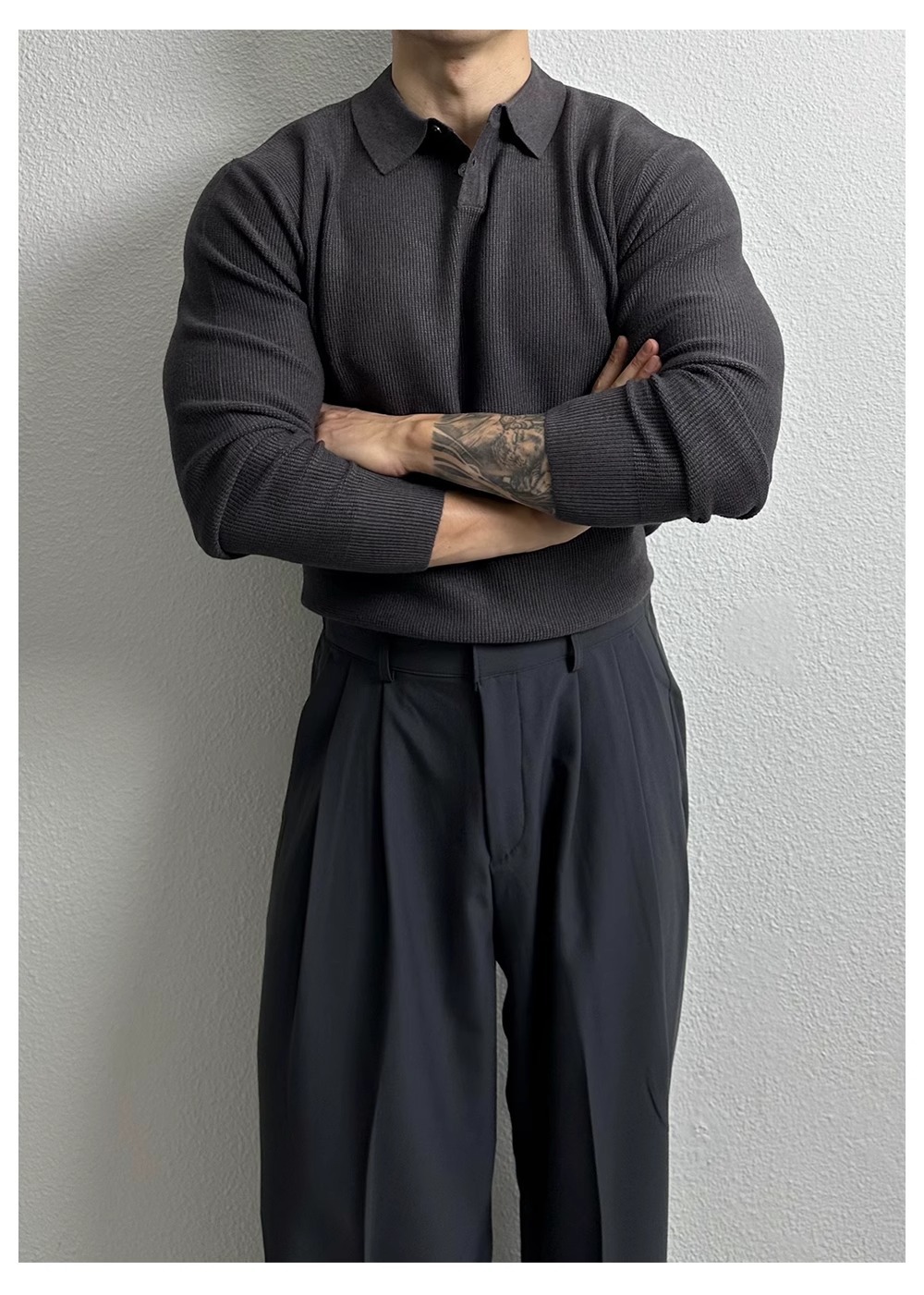 Oversized Polo Knit Sweater For Men – Business Casual Long Sleeve Pullover, Plus Size European Fit (Black/Beige/Gray)_viptrois.com