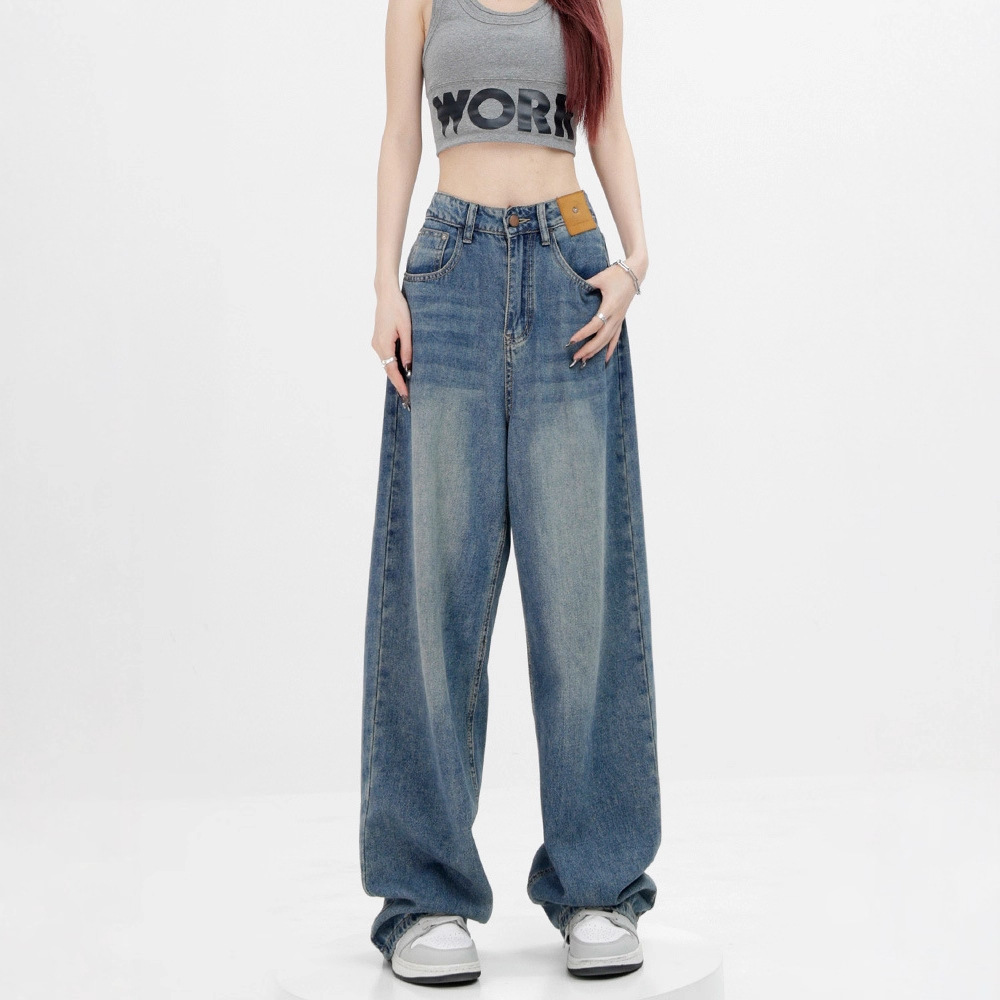 아메리칸 빈티지 블루 스트레이트 와이드 데님 팬츠 여성 신상 캐주얼 백합