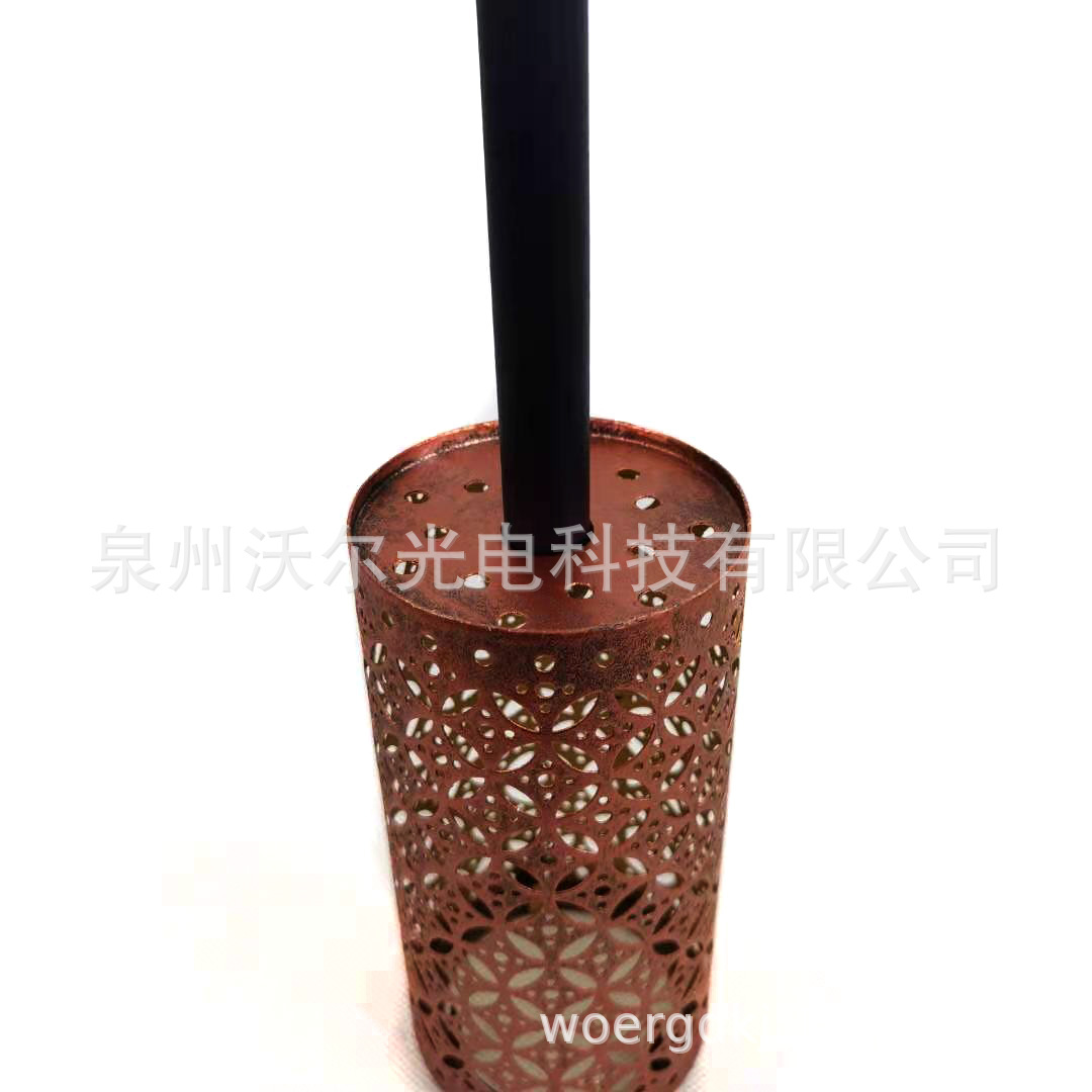 热销LED花园铁艺防水太阳能灯 圆柱形镂空复古地插路灯草坪灯2PCS