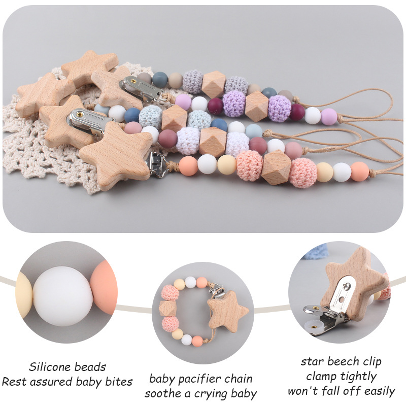 Nuevo bebé suministros estrella haya chupete clip bebé creativo madera octogonal mordedura silicona molar anti-gota cadena