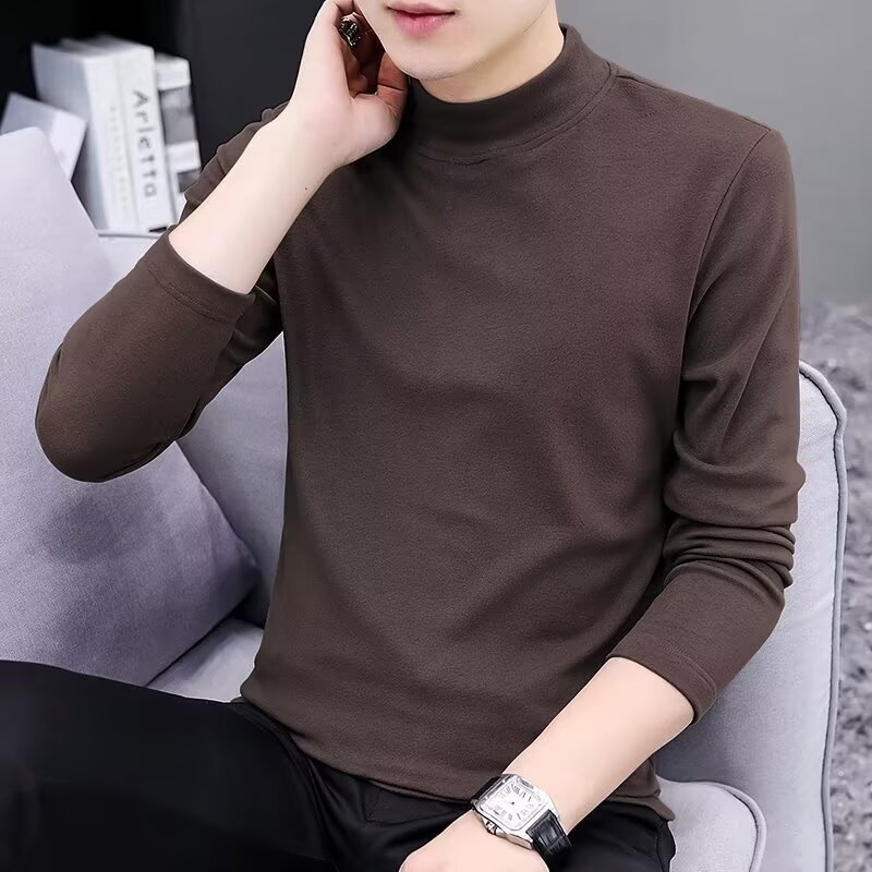 Fuente de fábrica de camisetas de manga larga de hombre primavera y otoño nuevo estilo de ropa de hombre delgado de algodón de cuello medio camiseta de color sólido