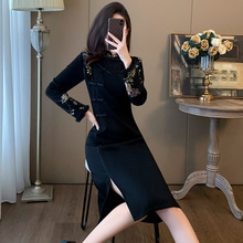 2023新中式国风高端女装黑色连衣裙秋冬高级感显瘦中长款打底裙子