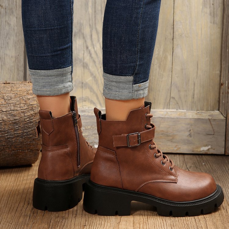 New autumn winter British style motorcycle boots thick soled belt buckle vintage ankle boots plus size_voghion.com